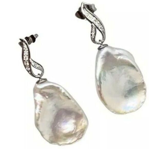 Diamond Large Fresh Water Pearl Earrings Baroque 14k Gold Certified $1950 914369 - Picture 1 of 9